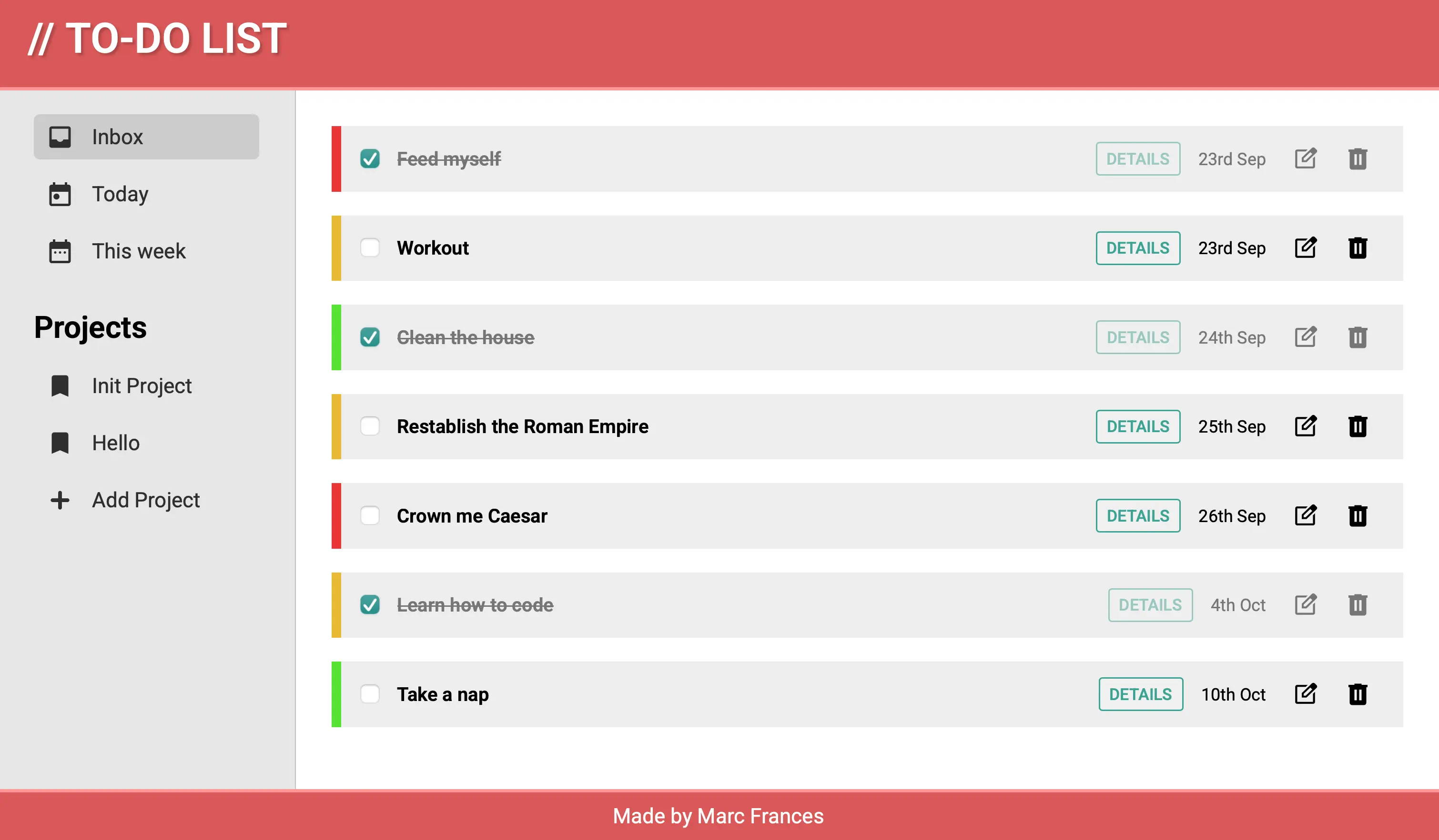 Captura de pantalla de la aplicación de tareas